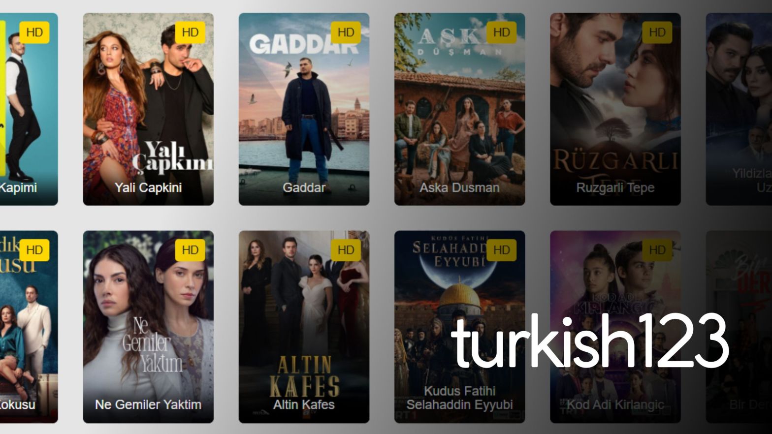 Turkish123 streaming platform interface showcasing popular Turkish series and shows.